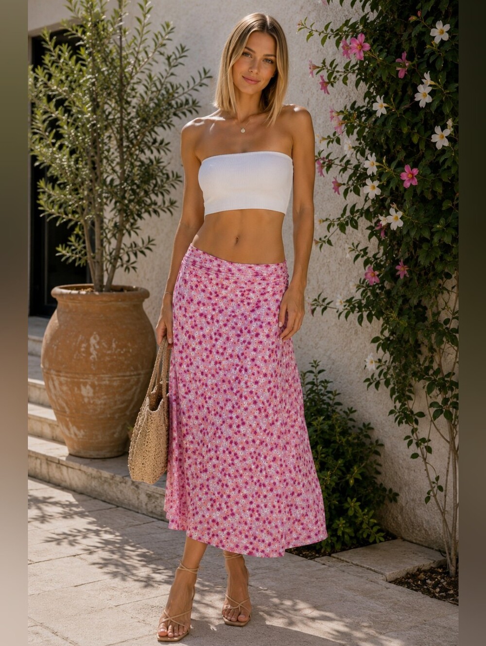 On 34th Boho Summer Beach Pink Floral Midi Skirt Medium Pink Purple Slit M